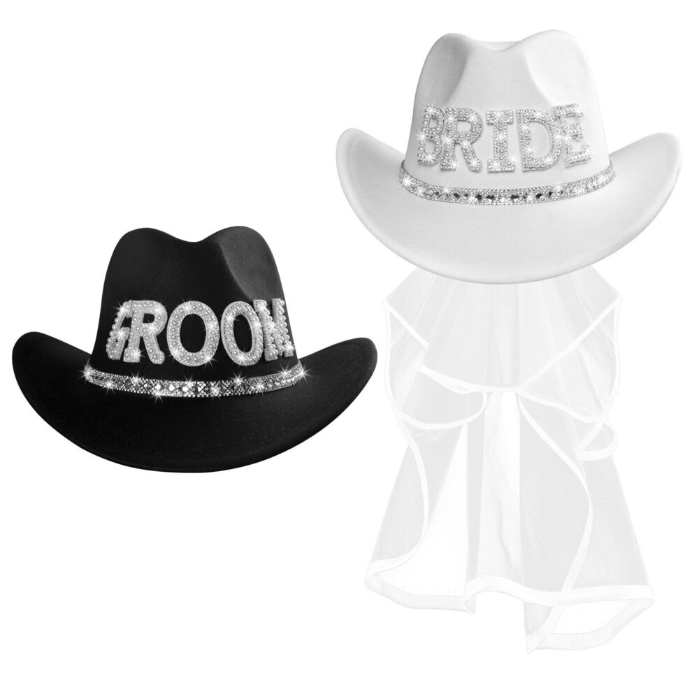 6542 Groom & Bride Cowboy Hat Set With Veil- His Hers Matching Western